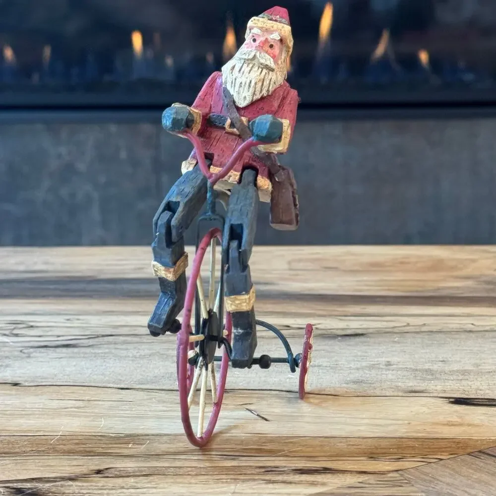 VTG Hand Painted Wood Santa Claus Riding Wire Metal Tricycle Retro Holiday Decor